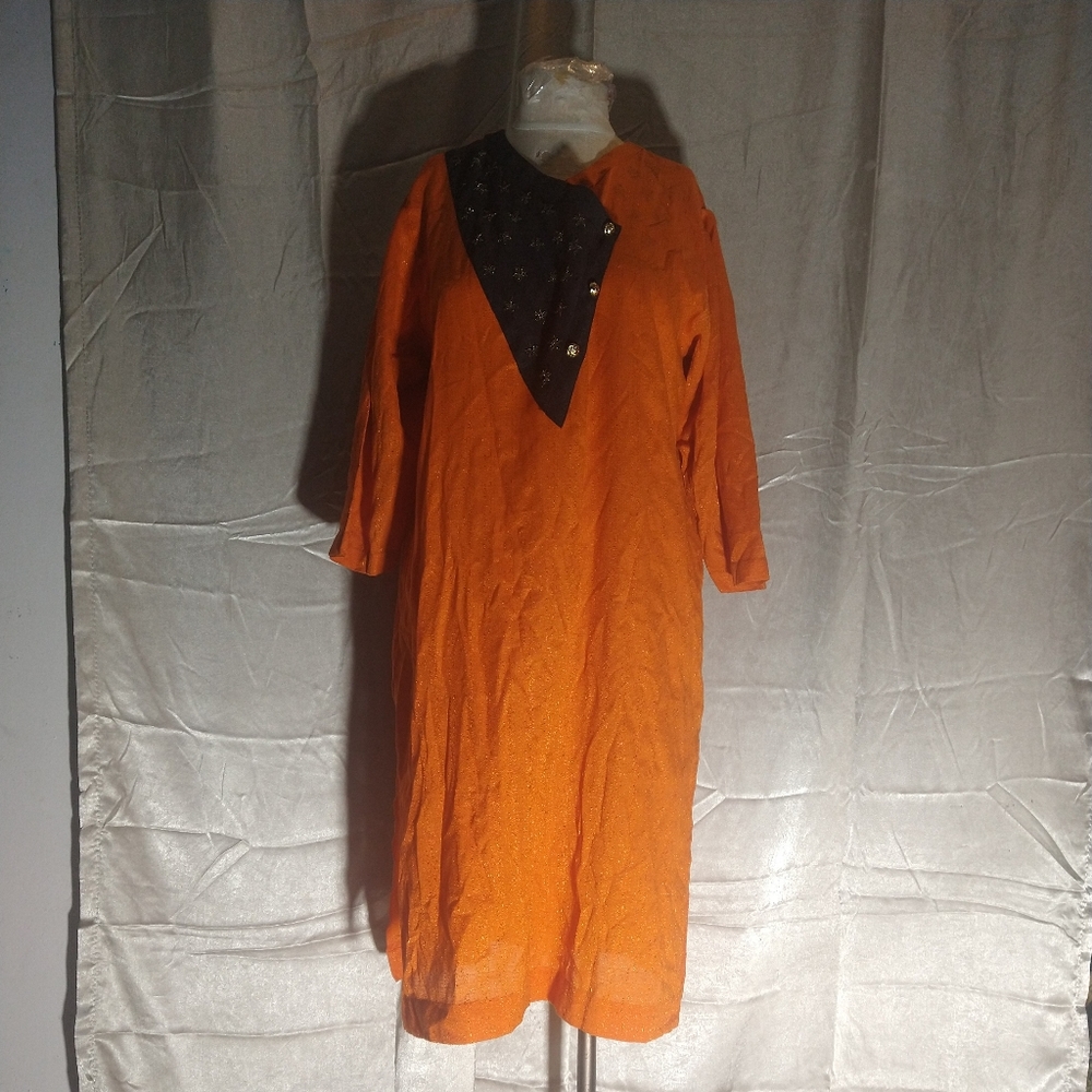 Vintage 60s 70s Orange Black  Zardozi Metallic Embroidery Short Sleeve dress